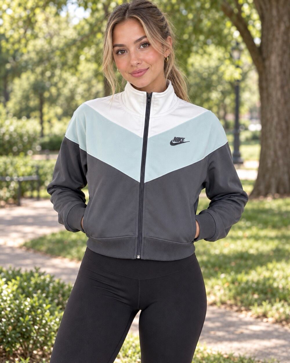 Nike Women’s Track Jacket Size M Gray Blue White Colorblock Full Zip